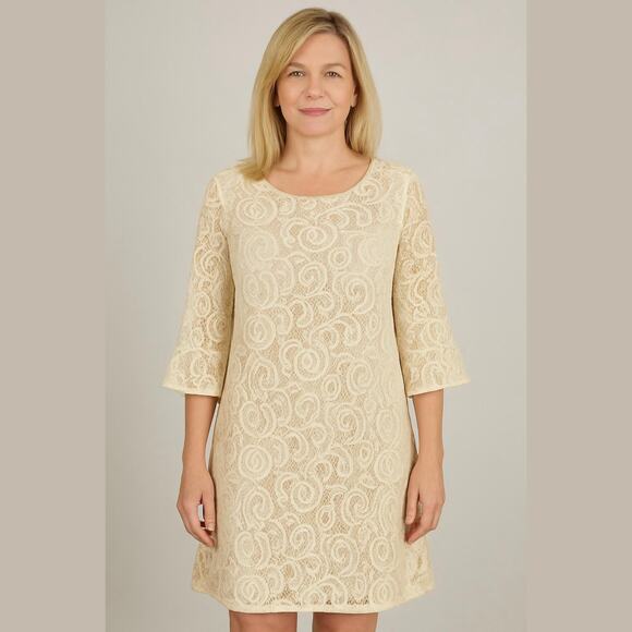 Tacera Cream Lace Overlay Sheer Bell Sleeve Cocktail Party Shift Dress S - Picture 1 of 14